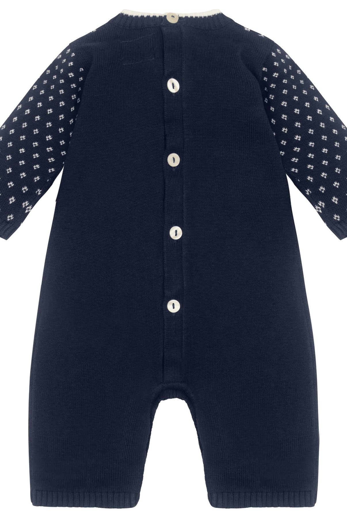 Navy blue baby romper with white button details on a white background
