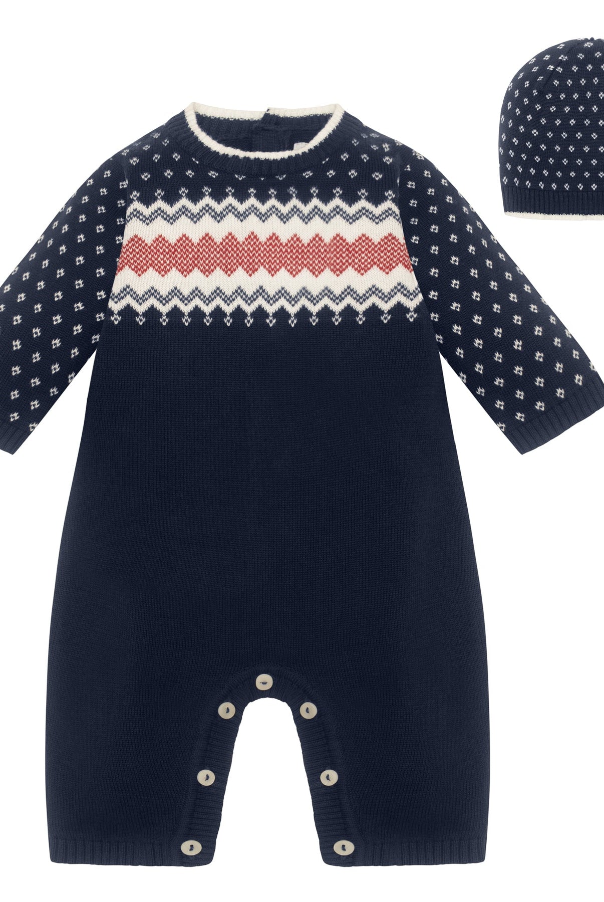 Navy baby romper with patterned top and matching hat on a white background