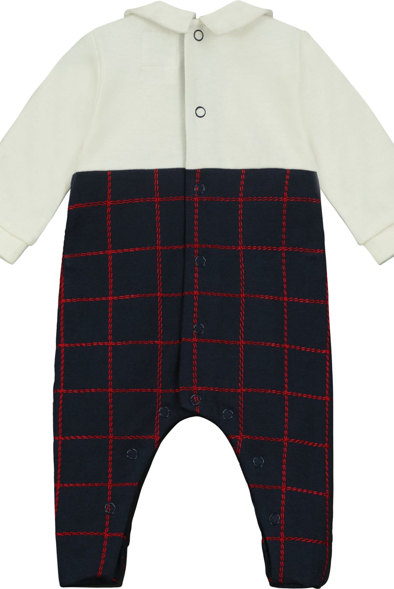 Baby romper with white top and navy blue plaid pattern on a white background