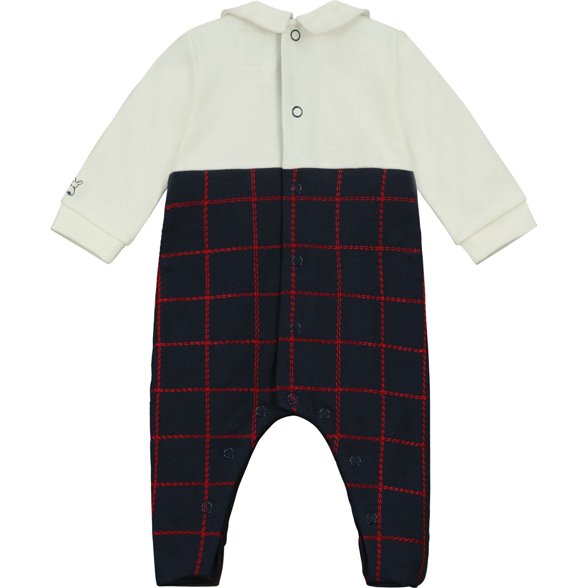 Baby romper with white top and navy blue plaid pattern on a white background