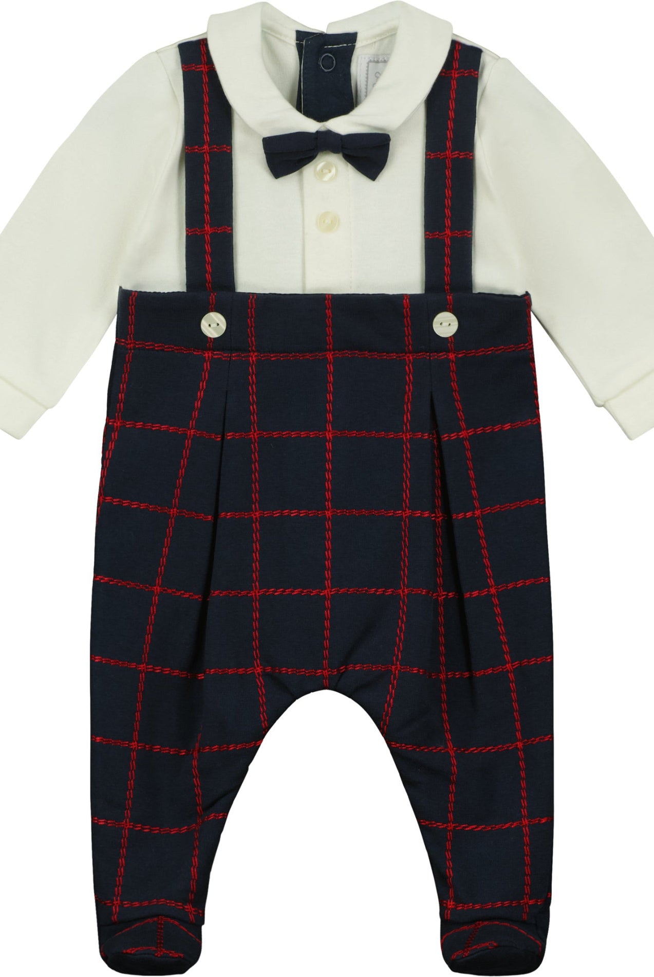 Baby outfit with navy plaid overalls, white shirt, and bow tie on a white background