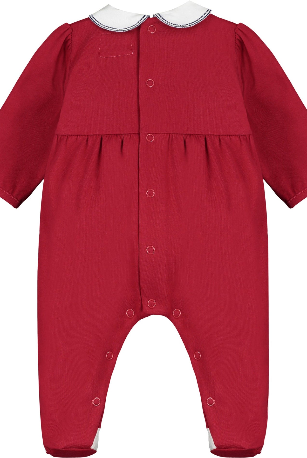 Red baby onesie with white collar on a white background