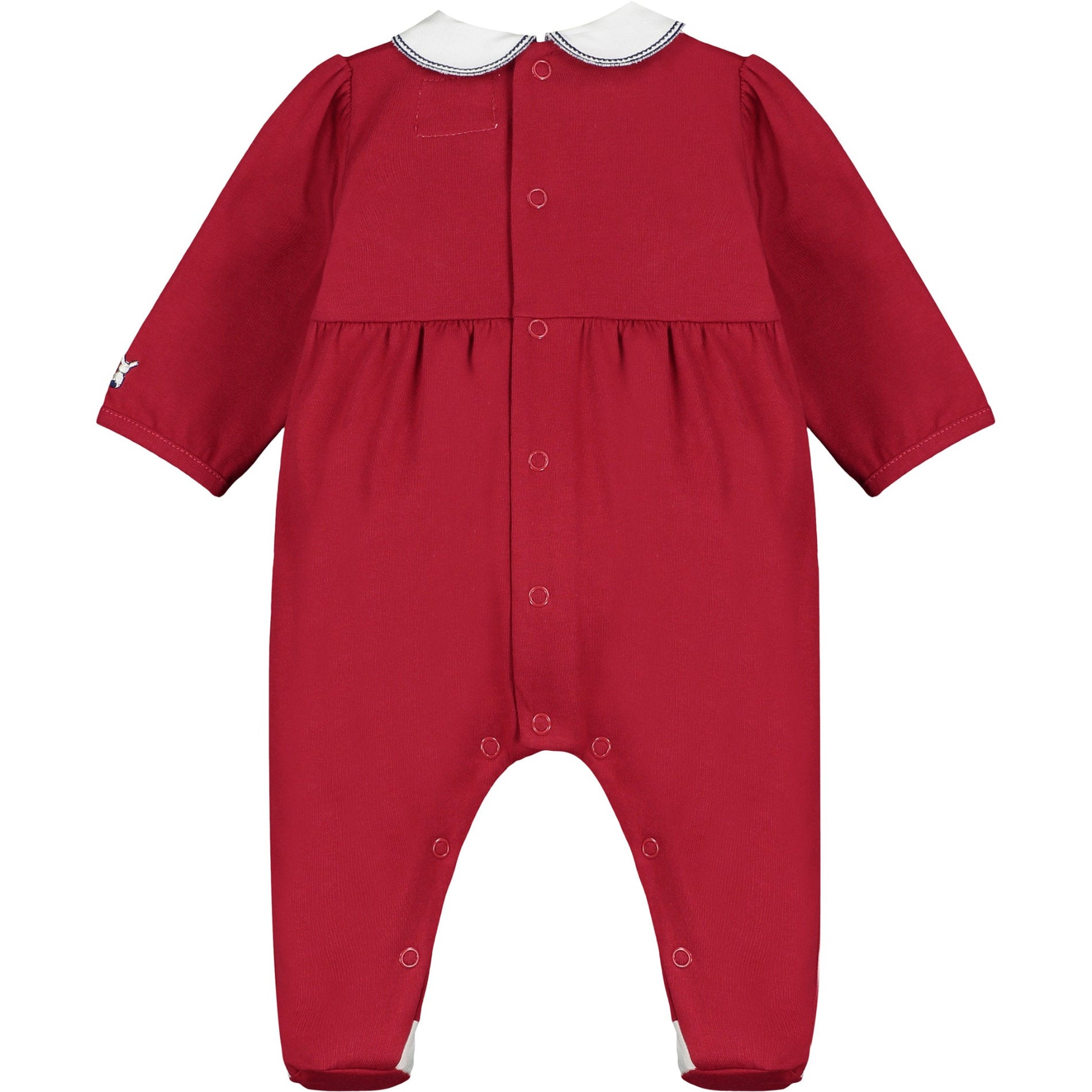 Red baby onesie with white collar on a white background