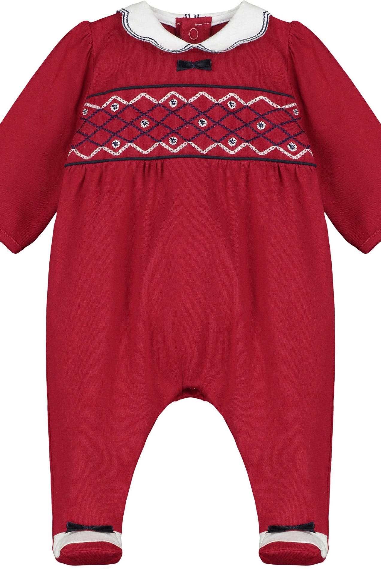 Red baby romper with white collar and black trim on a white background