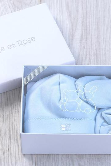 Baby blue hat, booties and mitts by emile et rose - Mamas Hospital Bag Baby Gift Box Ireland