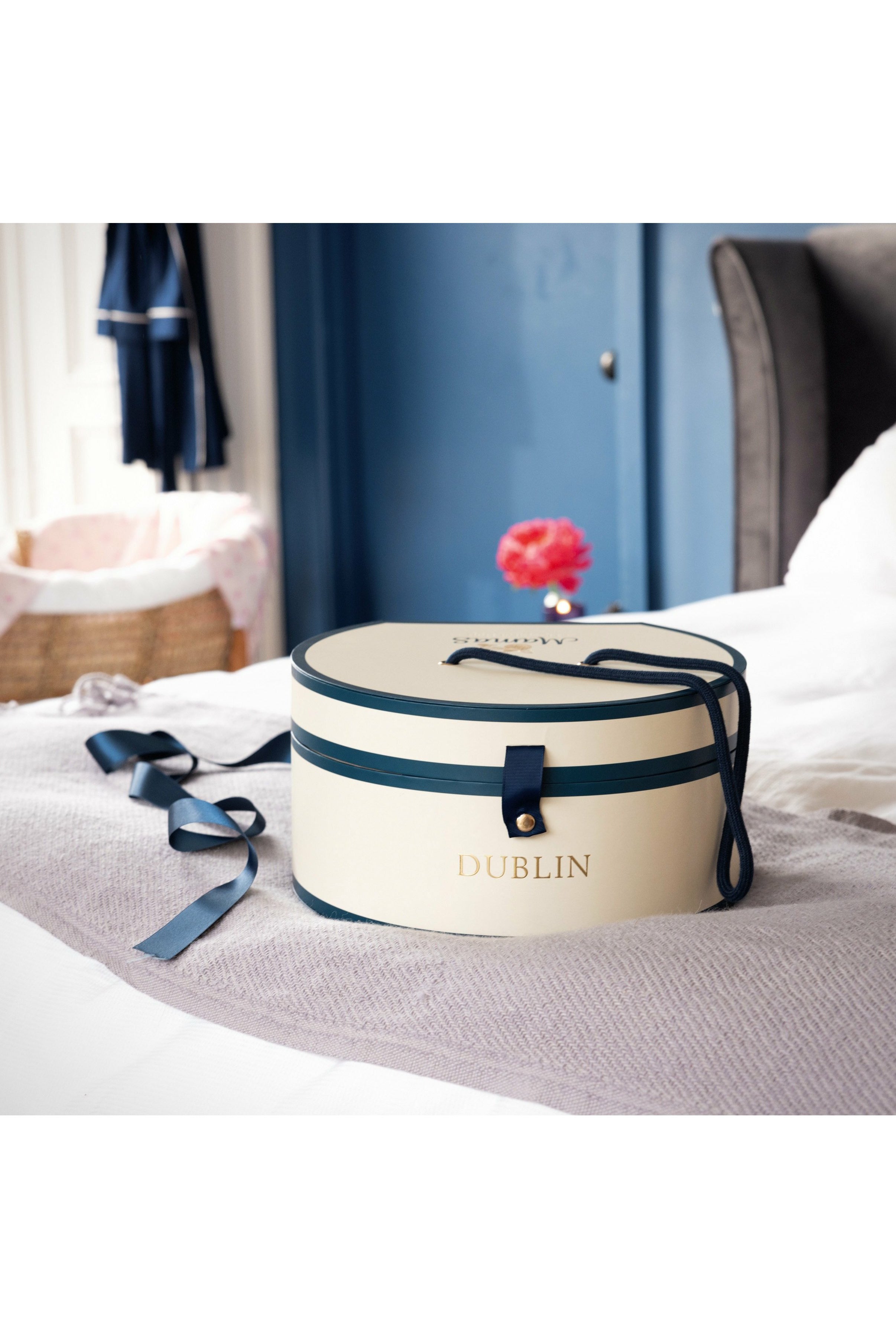 Hat box gift box on bed - Mamas Hospital Bag Dublin