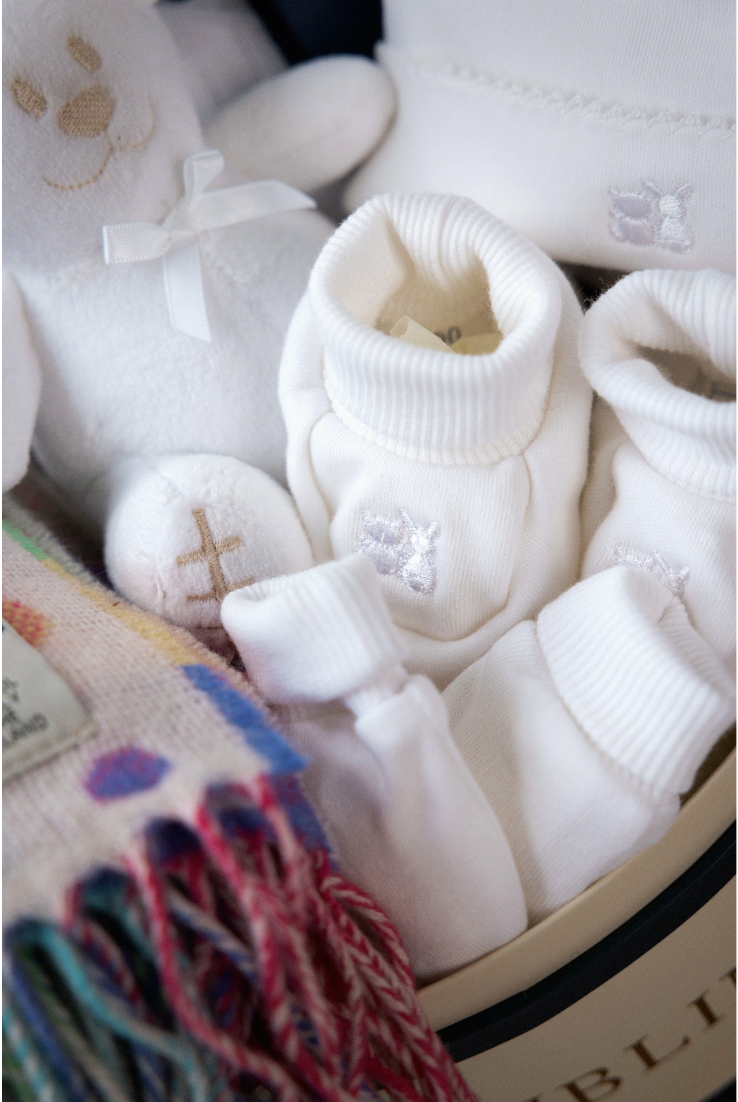 White teddy and baby booties in gift box - Mamas Hospital Bag