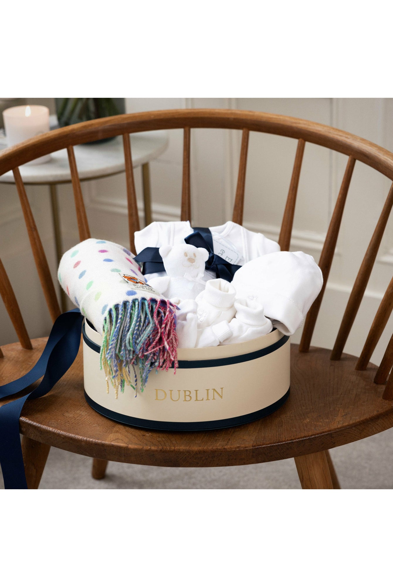 White baby clothes and foxford blanket in baby gift box by Mamas Hospital Bag