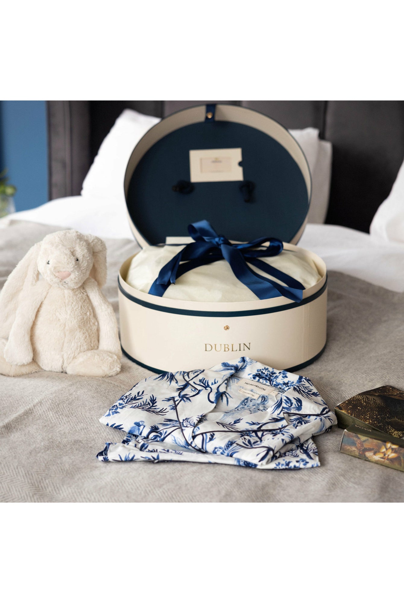 Gift box, bunny, pjs and toiletries on bed- Irish gift box- Mamas Hospital Bag Ireland
