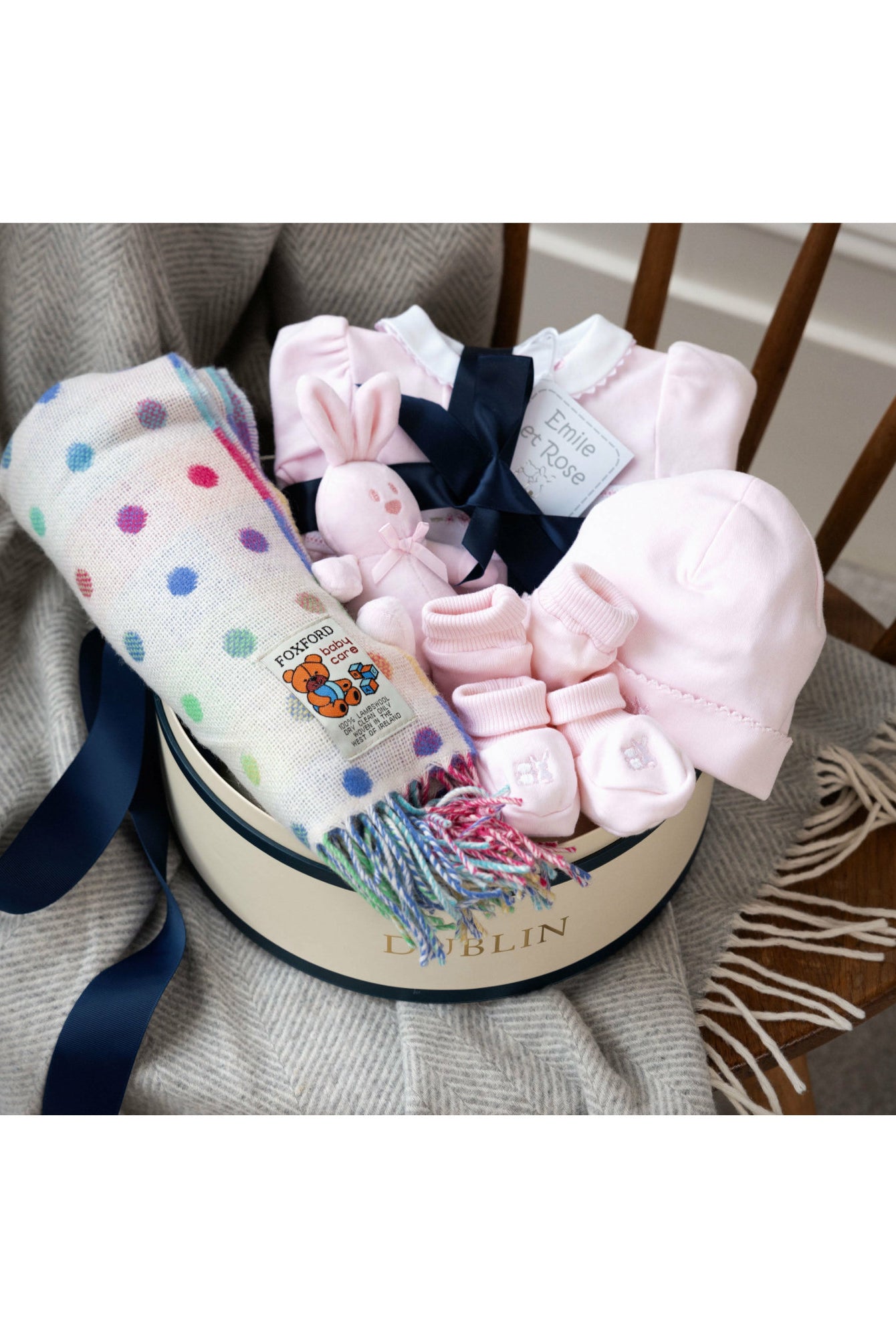 Petite Baby Gift Box with baby clothes in pink and foxford blanket- Mamas Hospital Bag