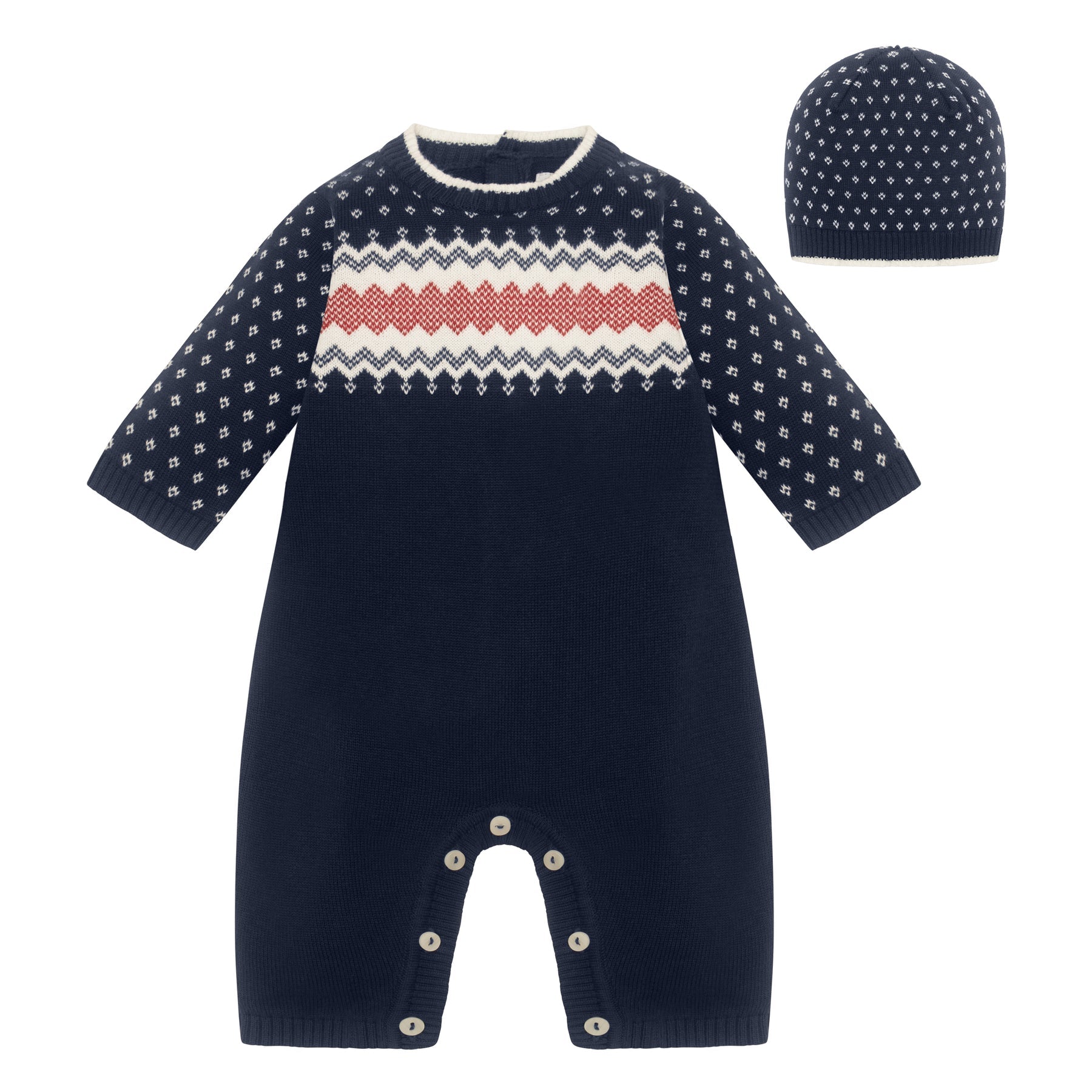 Navy baby romper with patterned top and matching hat on a white background