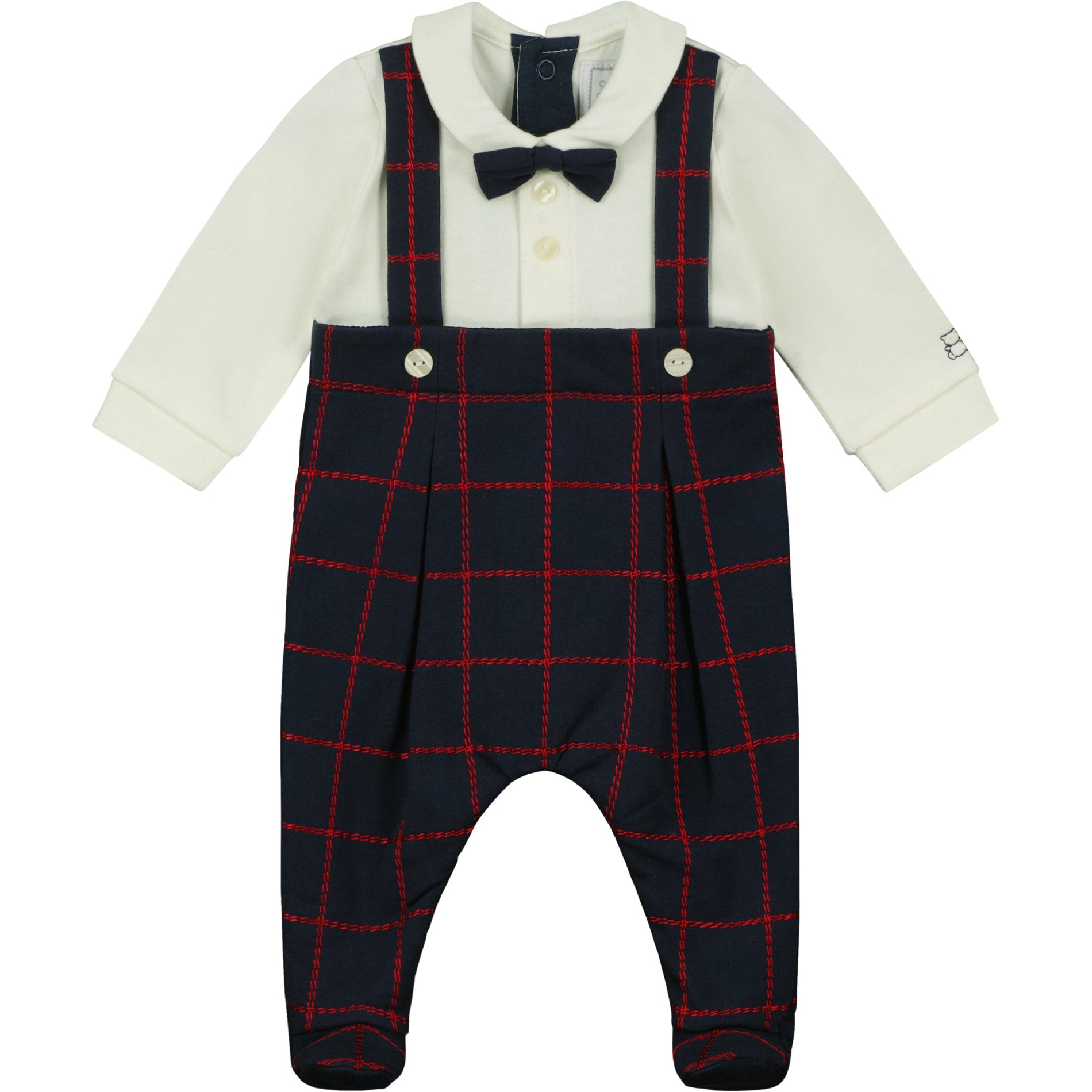 Baby outfit with navy plaid overalls, white shirt, and bow tie on a white background