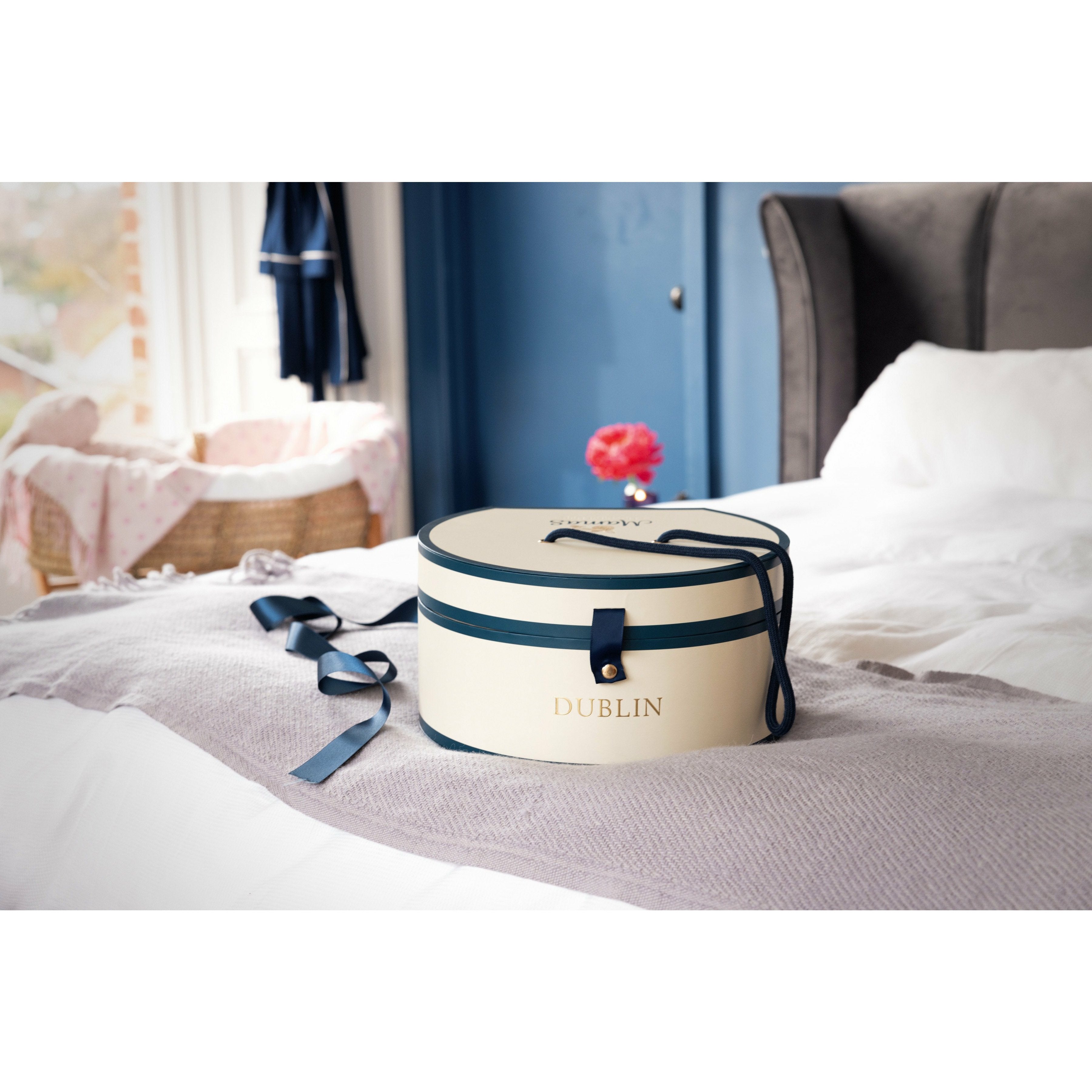Hat box gift box on bed Dublin Mamas Hospital Bag