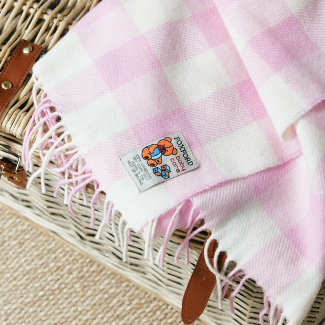 Foxford pink baby blanket on picnic basket- Mamas Hospital Bag Baby Gift Box Ireland
