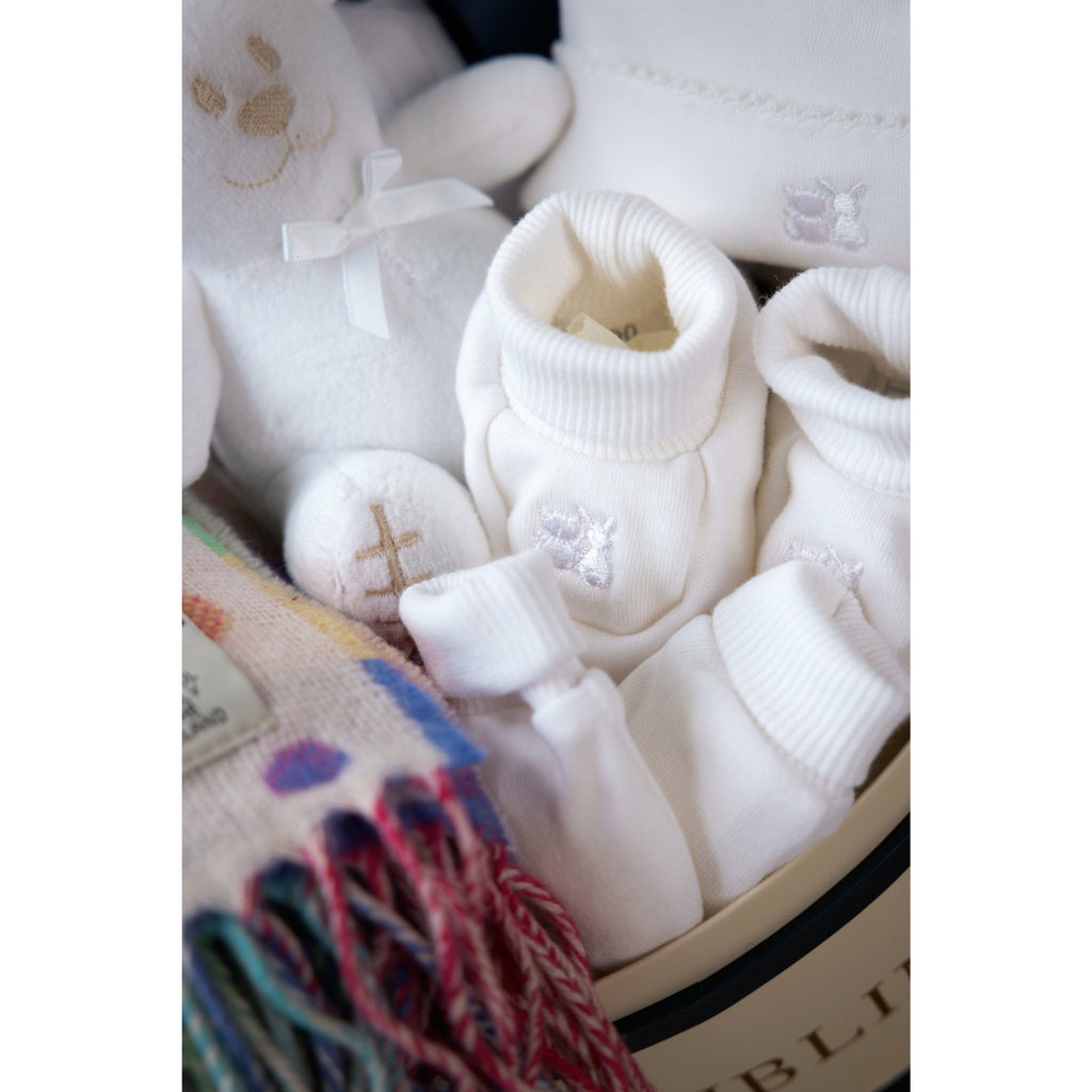 White teddy and baby booties in gift box - Mamas Hospital Bag