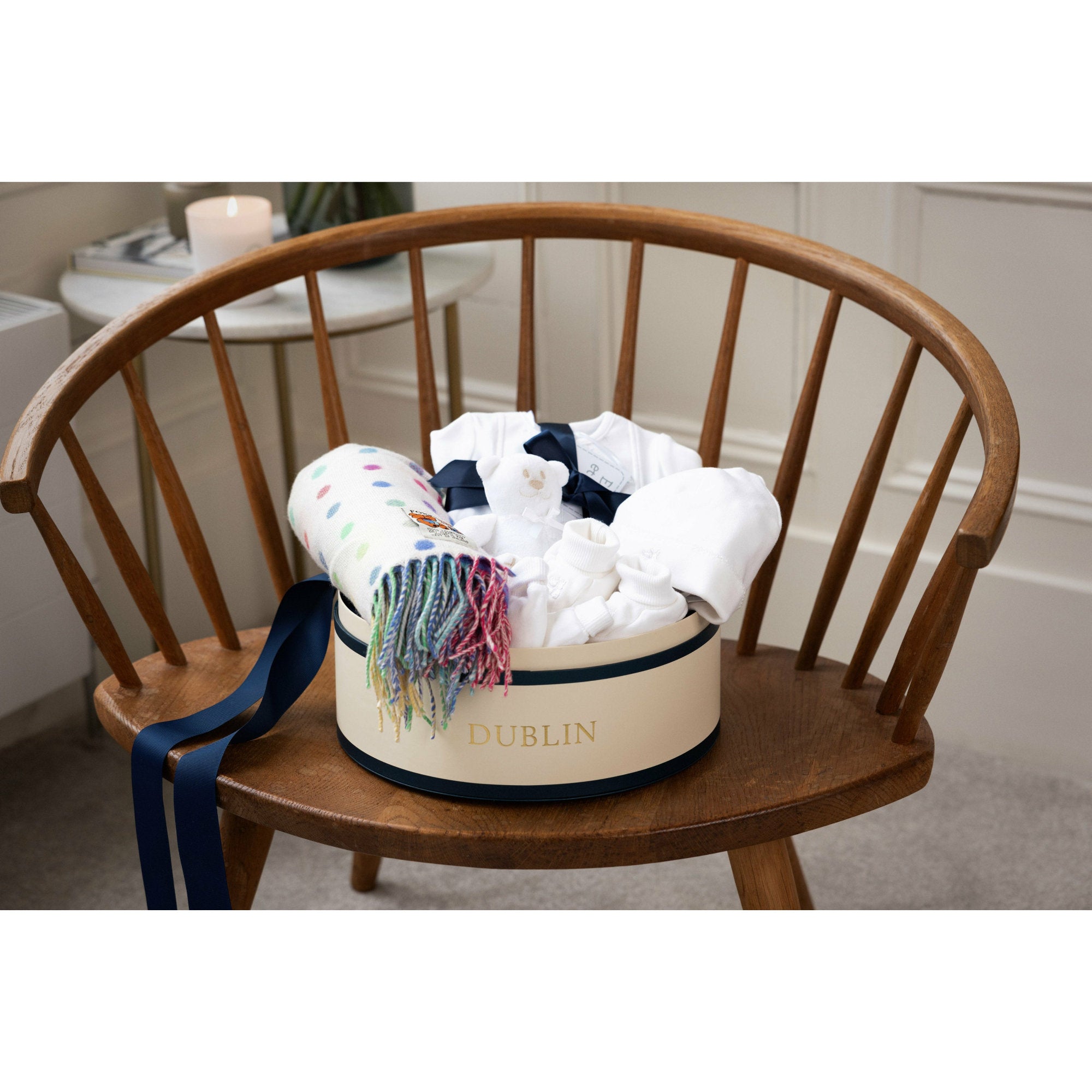 White baby clothes and foxford blanket in baby gift box by Mamas Hospital Bag