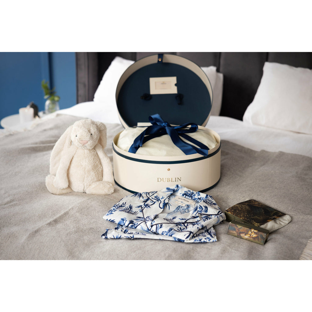 Gift box, bunny, pjs and toiletries on bed- Irish gift box- Mamas Hospital Bag Ireland