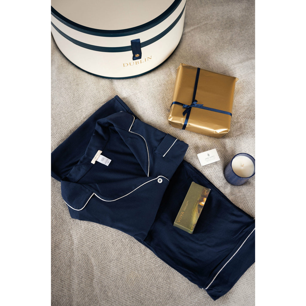 3 Piece Gift Set for her- navy pyjamas, candle and hand cream in gift box