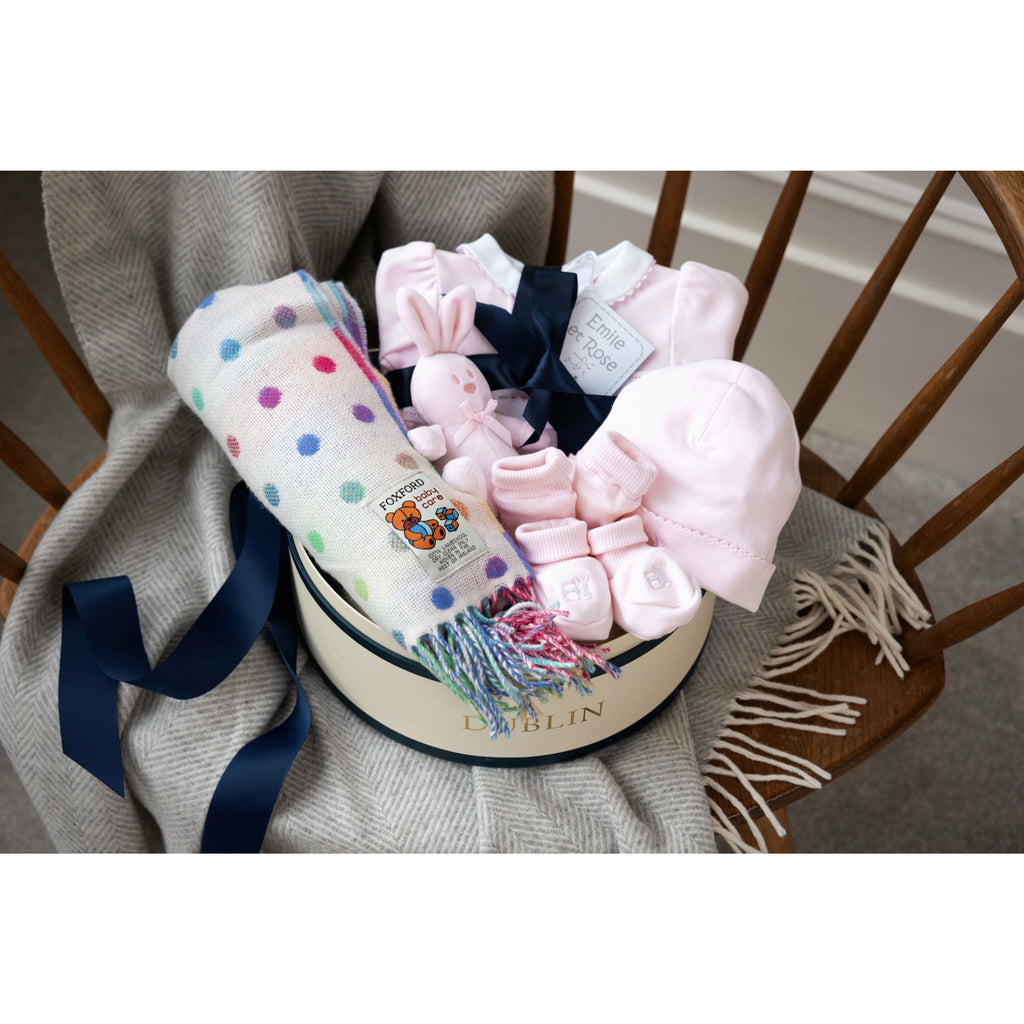 Petite Baby Gift Box with baby clothes in pink and foxford blanket- Mamas Hospital Bag