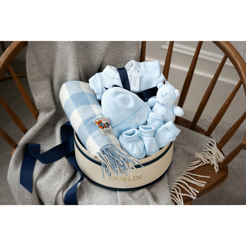 New BaBlue new baby clothes and foxford baby blanket in gift box- Mamas Hospital Bag Baby Gift Box Ireland